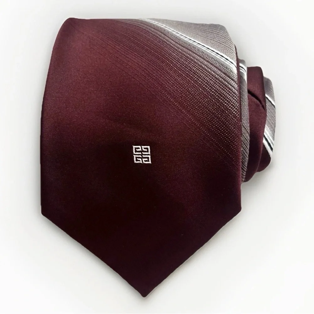 Givenchy Poly-Silk Designer Tie Burgundy Striped‎ Vintage Luxury Retro Necktie